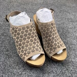Marina Luna Sandals Perforated Wedge Heels Tan Brown Suede Cork Open Toe Sz. 8.5